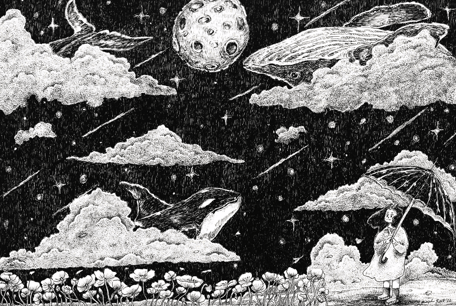 My Dream World - A fantastical illustration showing a cosmic landscape with whales, planets, and a figure holding an umbrella among clouds and flowers